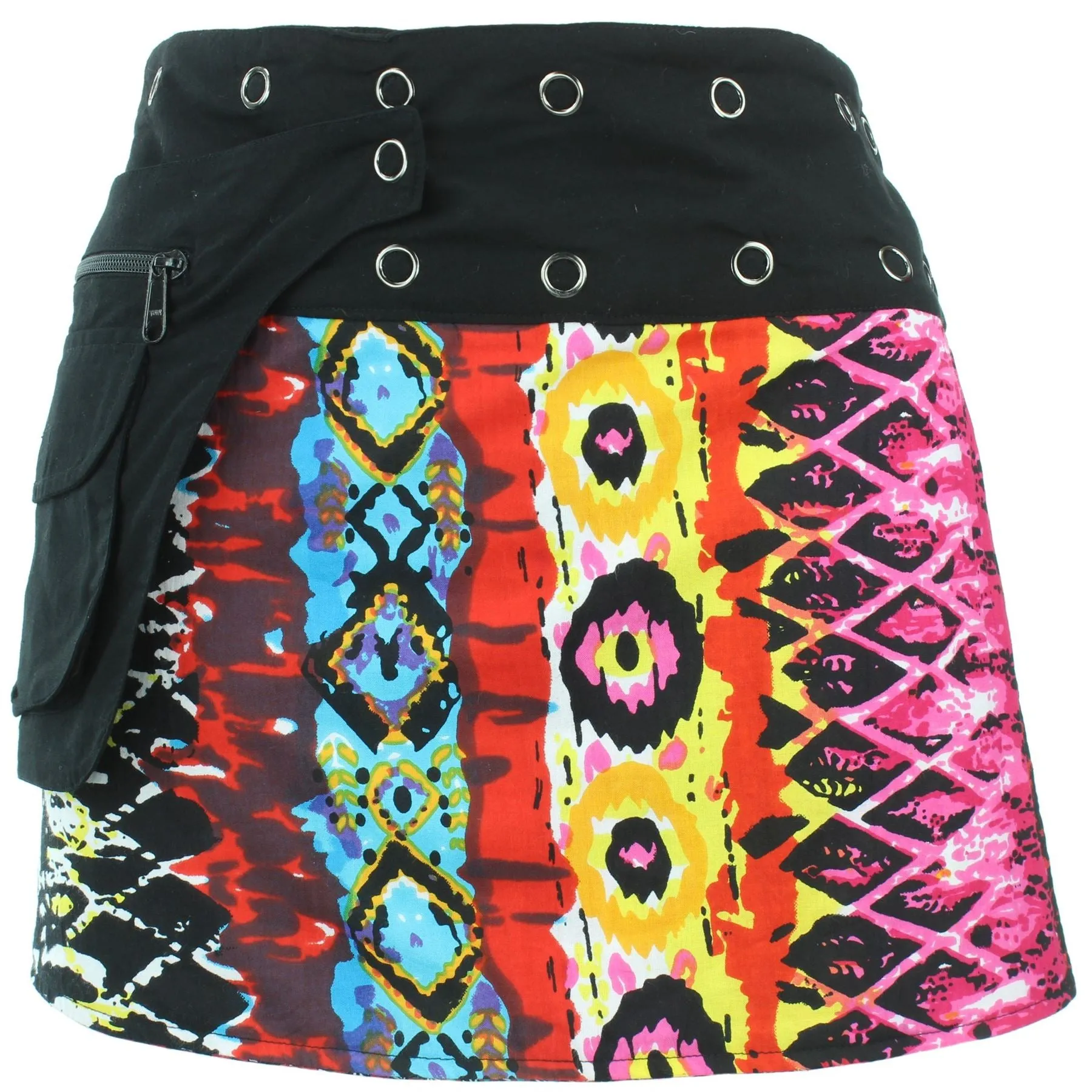 Reversible Popper Wrap Mini Skirt - Multi Patch Strips / Psychedelic Snakeskin