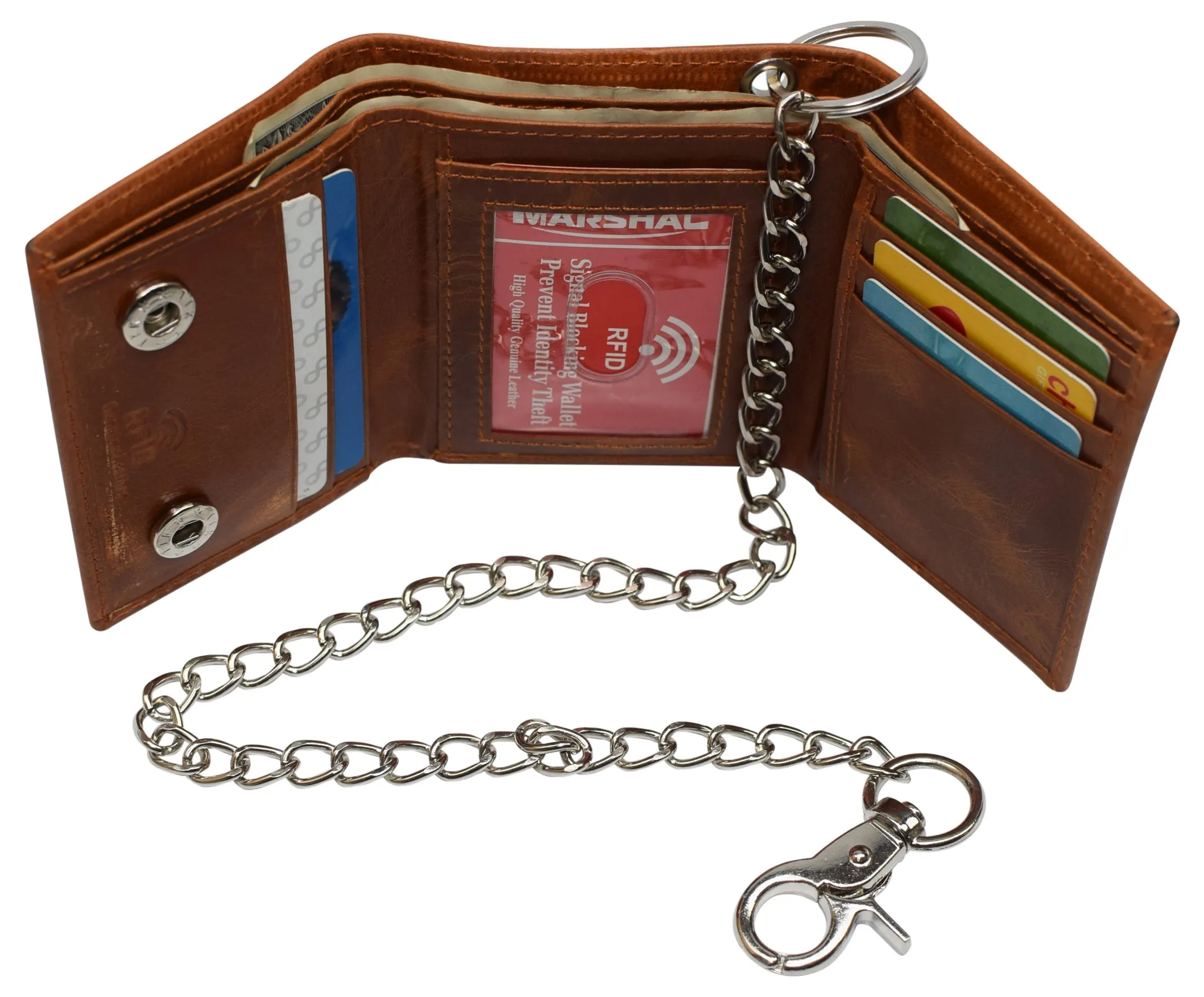 RFID946-51 RFID Blocking Men's Tri-fold Leather Biker Silver Chain Wallet With Snap Closure