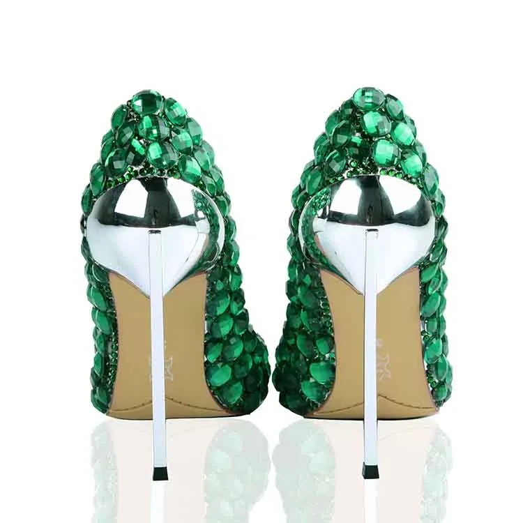 Rhinestone Pointed Toe Stiletto Heels Crystal Green Shoes Metal Heels