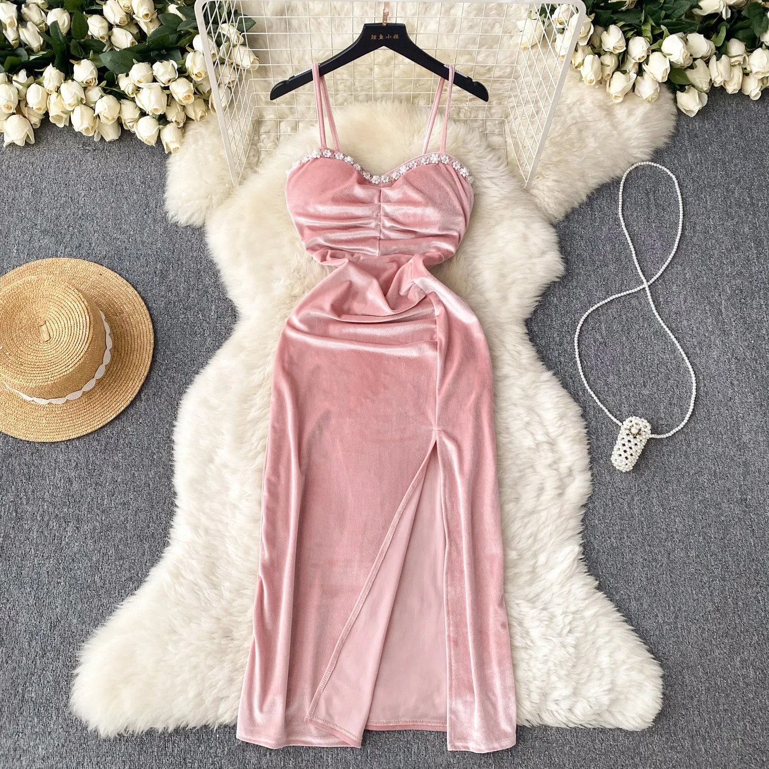 Rhinestone Studded Suede Slip Dress