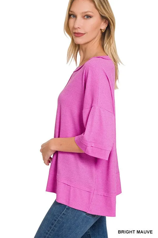 Ribbed Boat Neck Dolman Sleeve Top w/ Front Seam