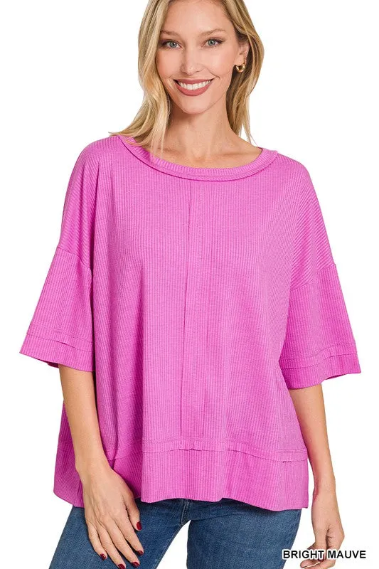 Ribbed Boat Neck Dolman Sleeve Top w/ Front Seam