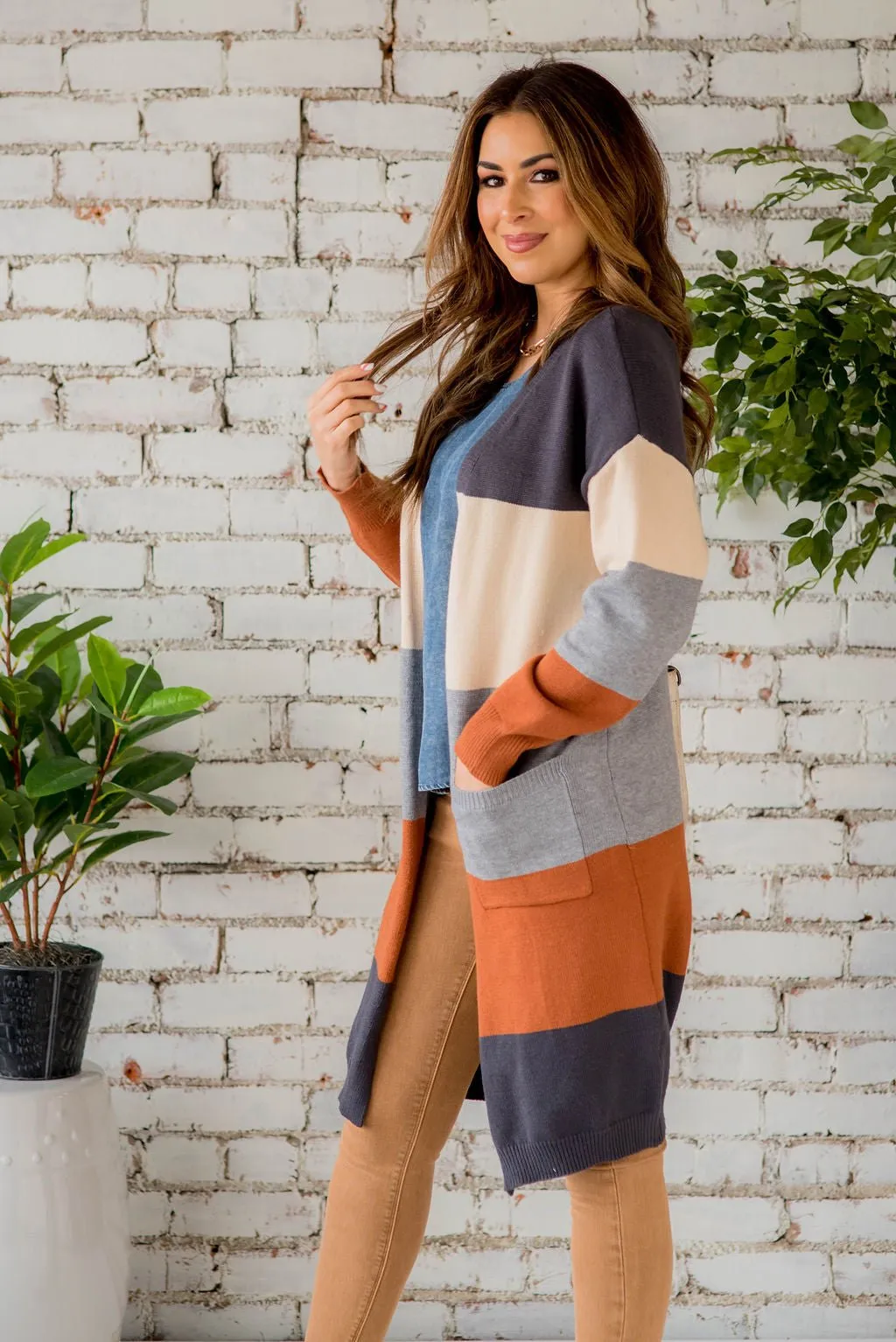 Ribbed Color Block Tunic Cardigan