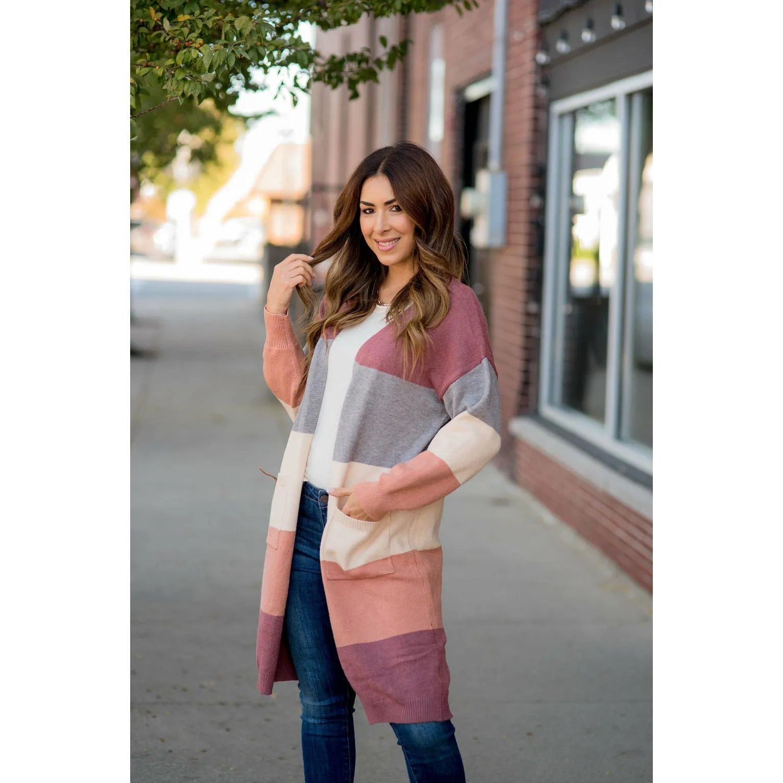 Ribbed Color Block Tunic Cardigan