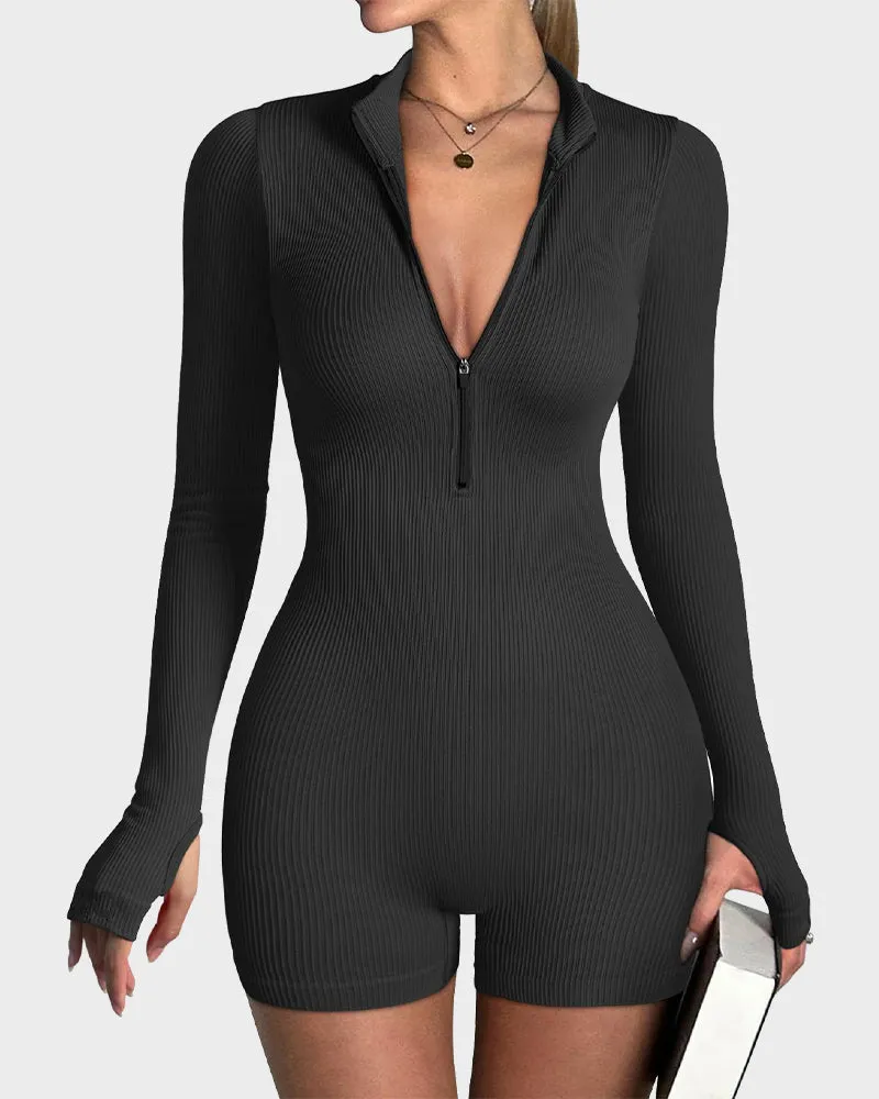 Ribbed Long Sleeve Half-Zip Sculpting Bodysuit Shorts