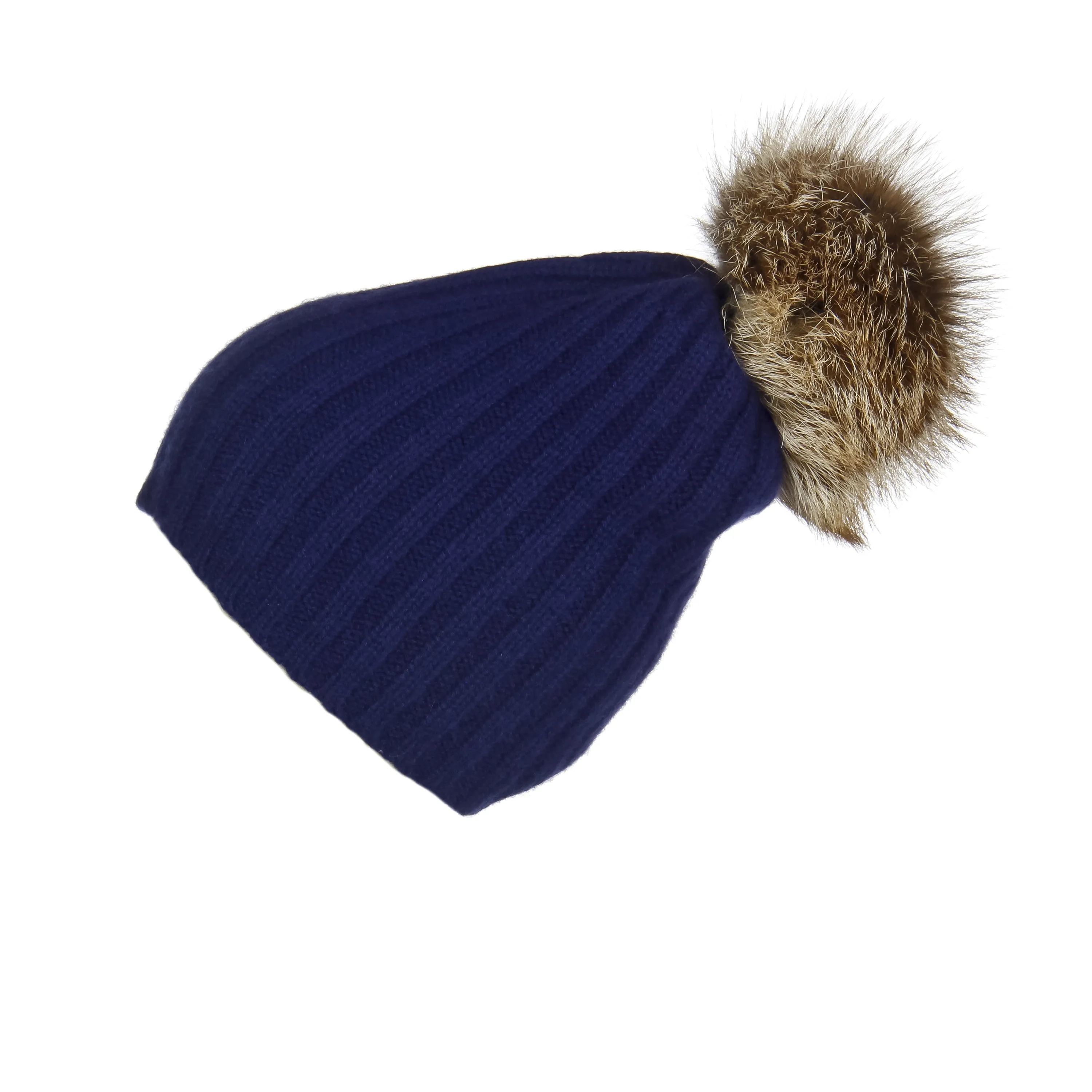 Ribbed Navy Cashmere Hat with Caramel Pom-Pom