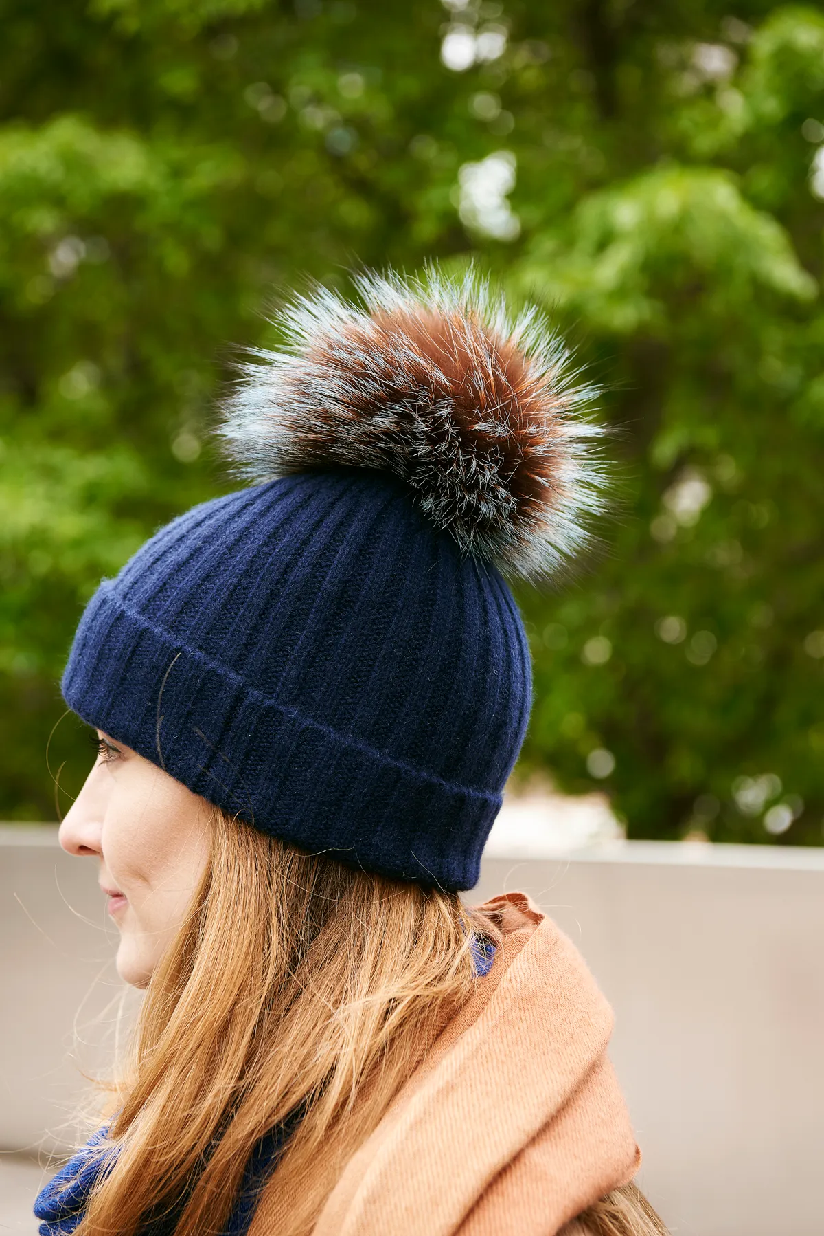 Ribbed Navy Cashmere Hat with Pine Mist Pom-Pom