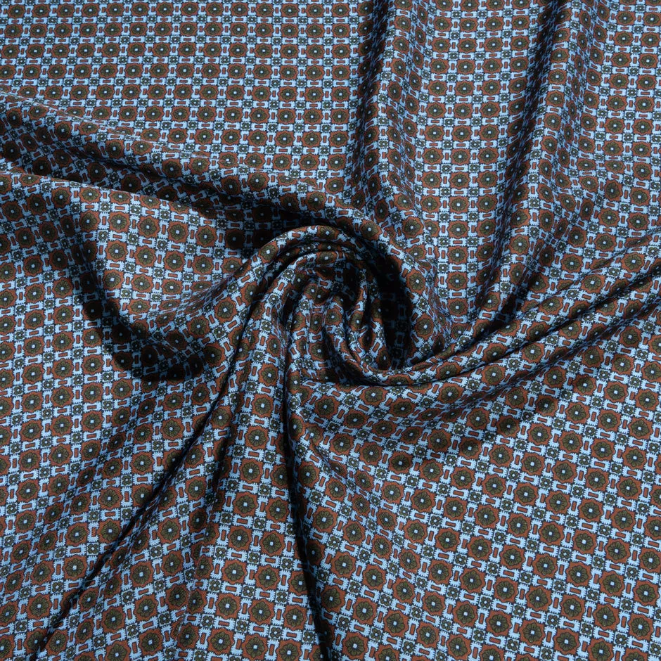 Rich Brown & Blue Geo Printed Pure Silk Twill