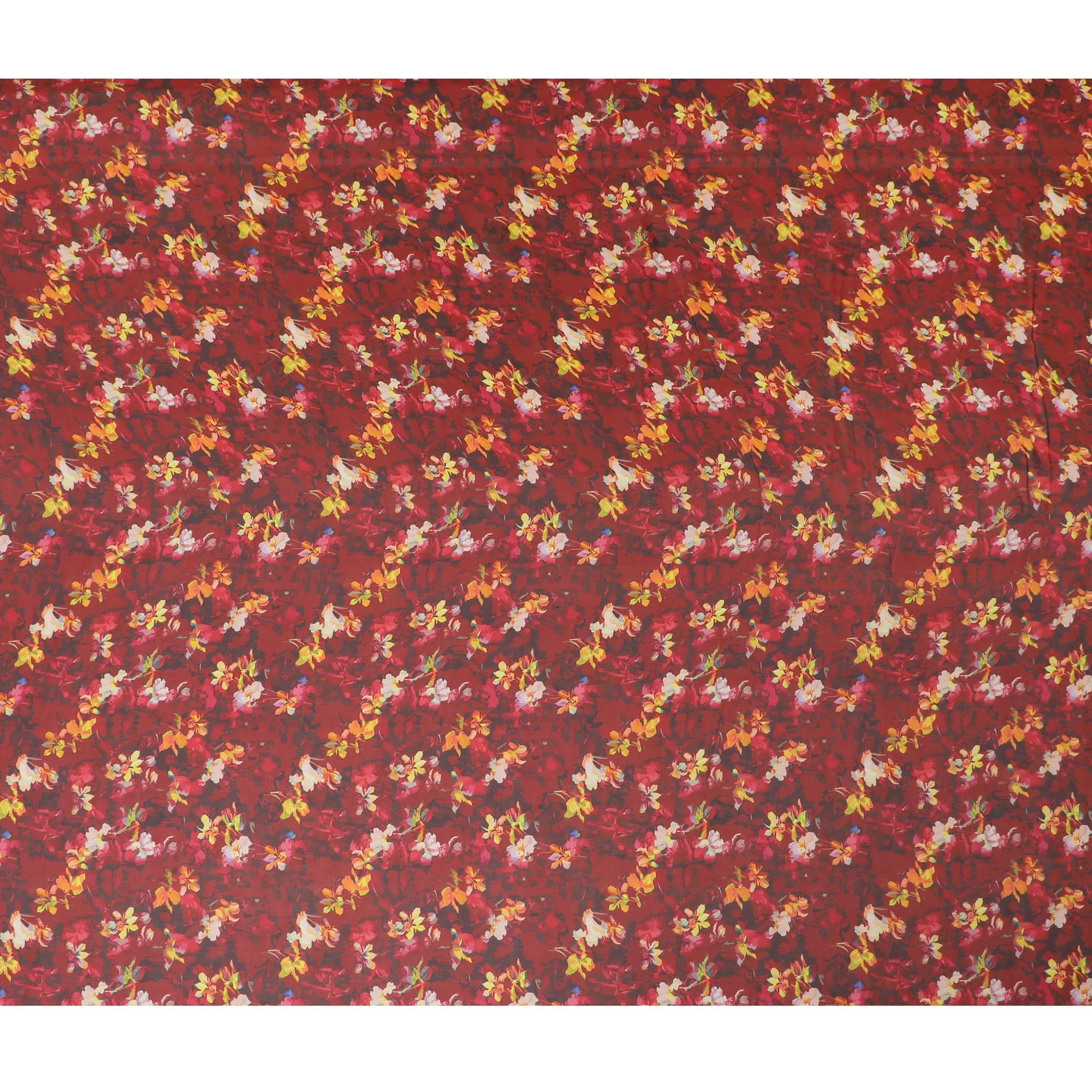 Rich Red Synthetic Chiffon Fabric with Autumnal Orange Floral Patterns, 140 cm Width-D19107