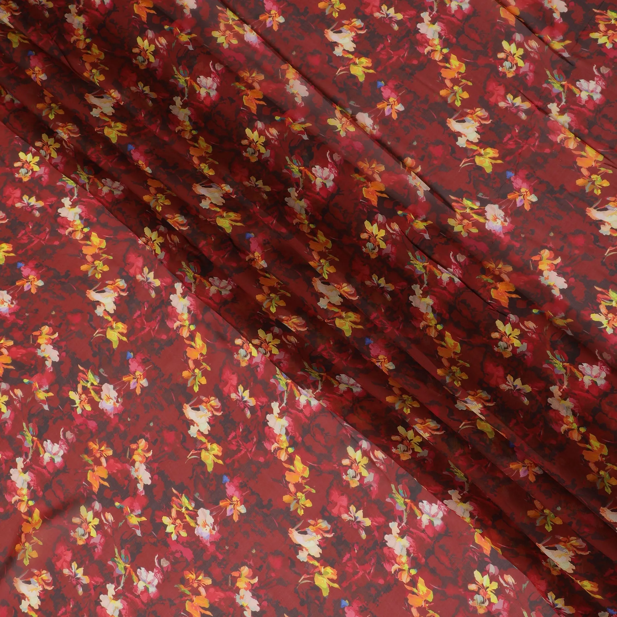 Rich Red Synthetic Chiffon Fabric with Autumnal Orange Floral Patterns, 140 cm Width-D19107