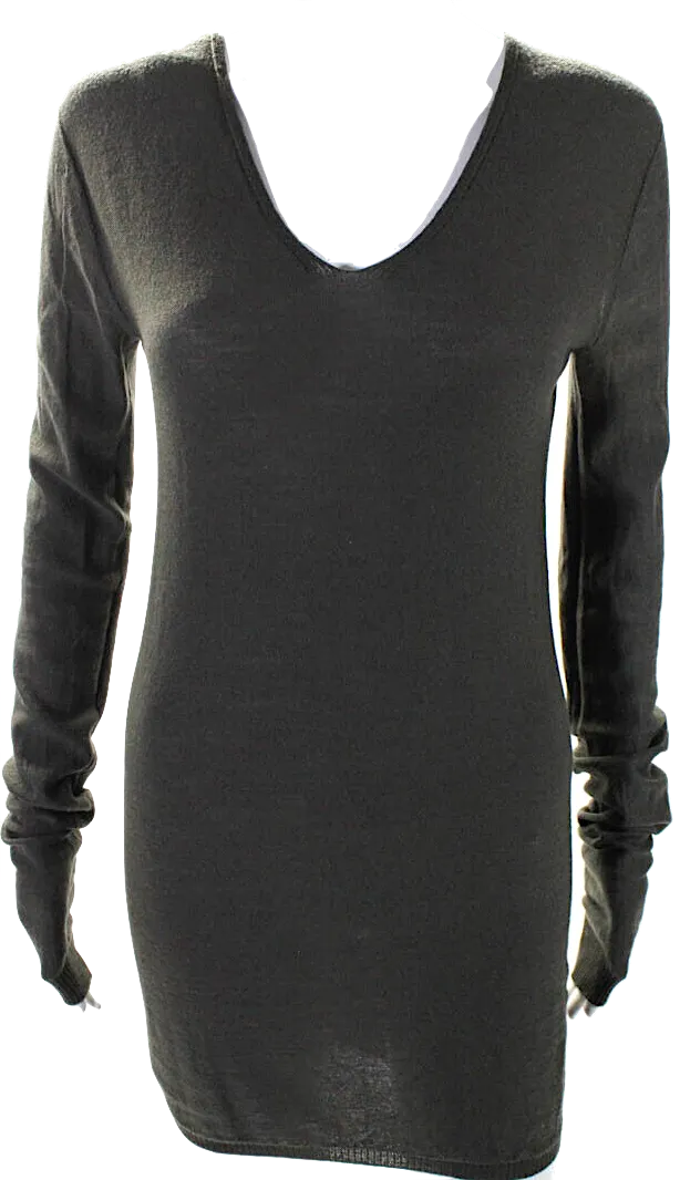 Rick Owens Paris. Gray Wool Long Sleeve V Neck Mini Sweater Dress