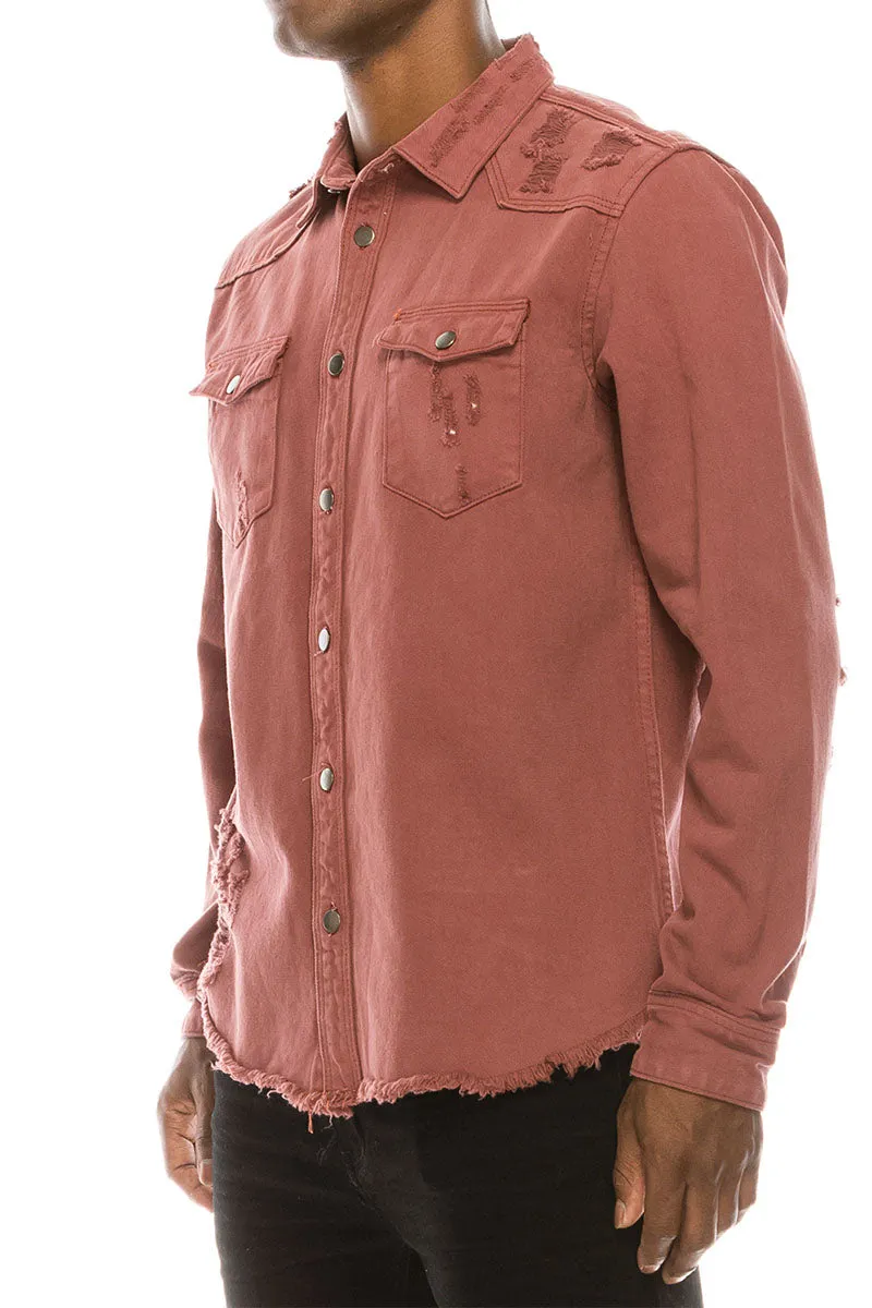 Ripped Denim Overshirt - Brick