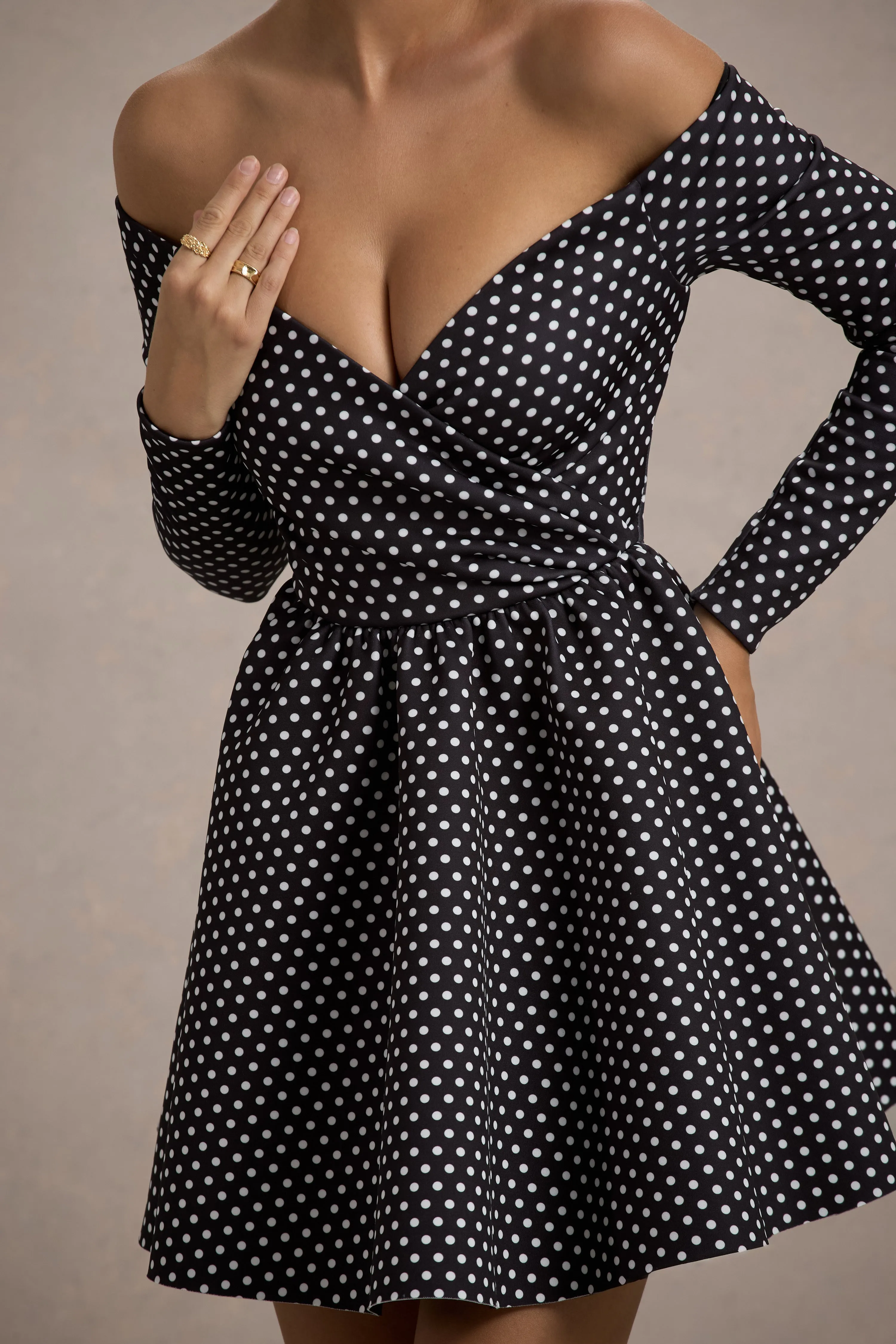 Riva | Black Polka Dot Bardot Long-Sleeve Mini Dress