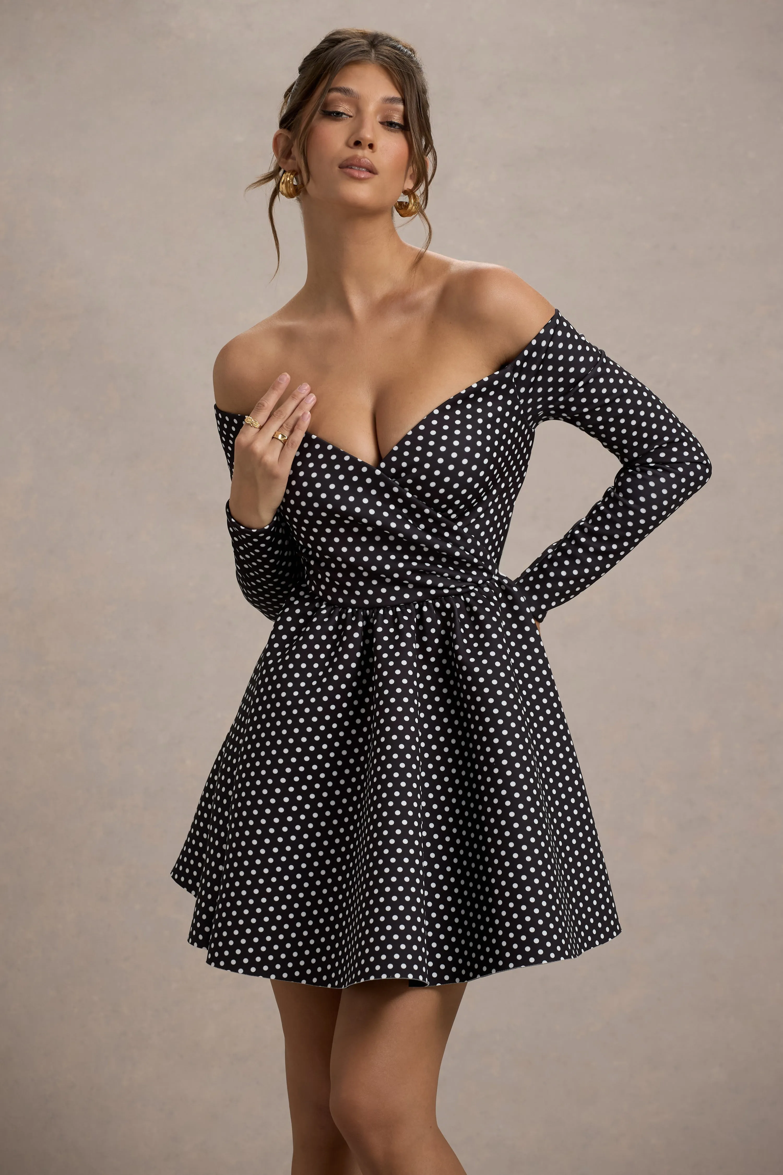 Riva | Black Polka Dot Bardot Long-Sleeve Mini Dress