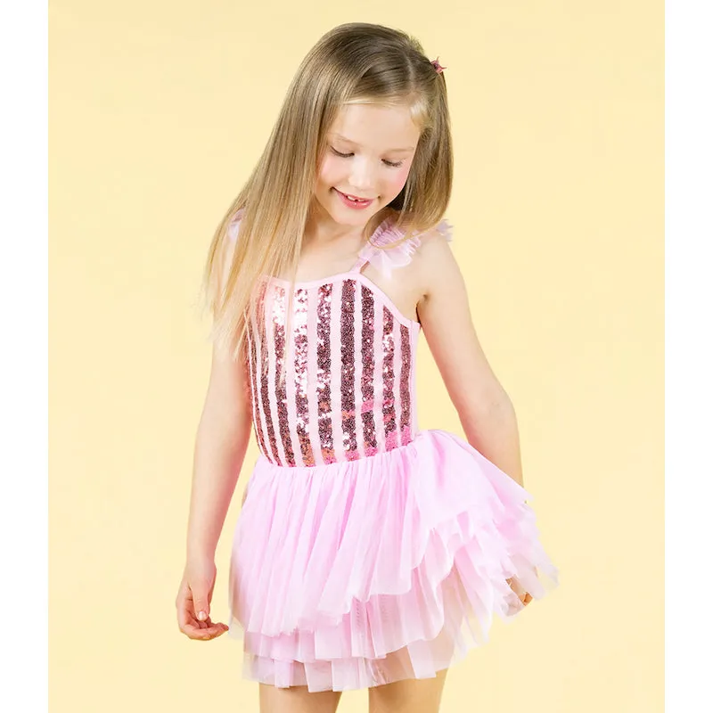 Rock Your Kid Pink Stripe Sequin Tulle Leotard Dress