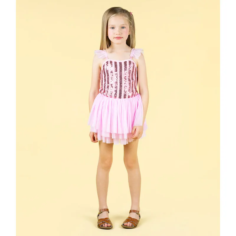 Rock Your Kid Pink Stripe Sequin Tulle Leotard Dress