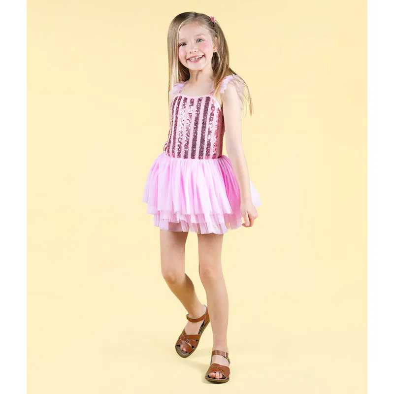 Rock Your Kid Pink Stripe Sequin Tulle Leotard Dress