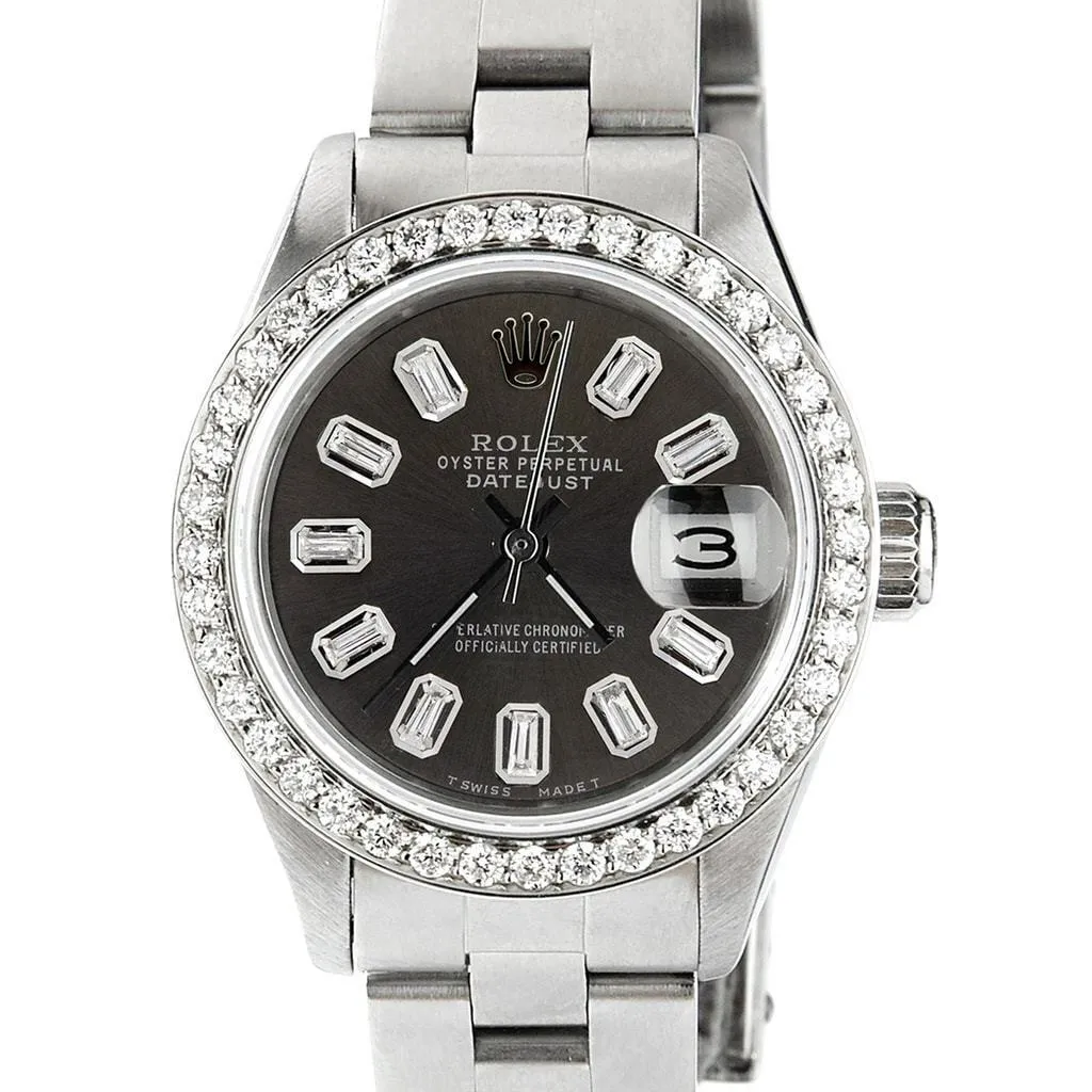 Rolex Datejust 26mm Diamond Bezel/Black Baguette Diamond Dial Oyster Steel Watch TFJ-142508149