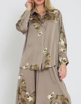 Romantic Rose Button Up Long Sleeve Silk Blouse in Mocha Grey