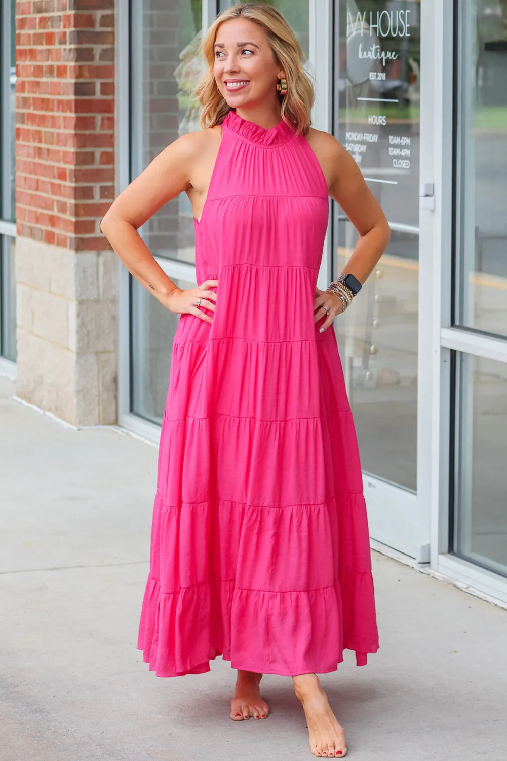 Rose Pink Long Tiered Maxi Dress