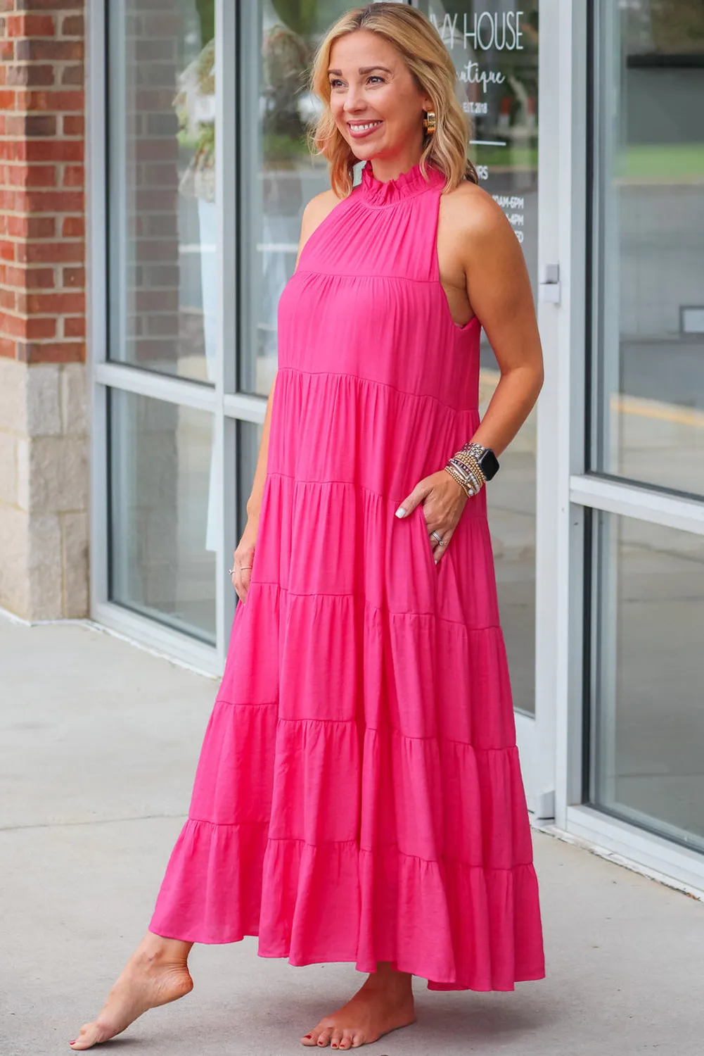 Rose Pink Long Tiered Maxi Dress