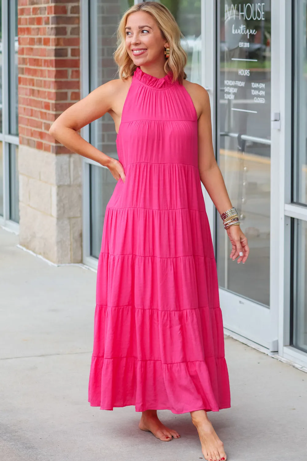 Rose Pink Long Tiered Maxi Dress