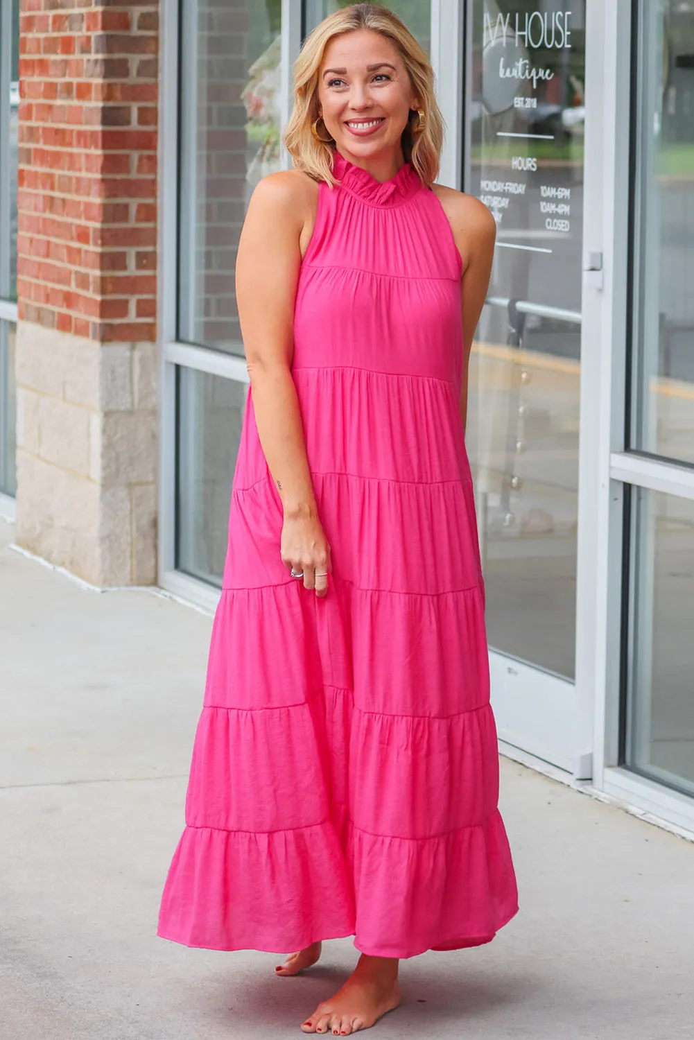 Rose Pink Long Tiered Maxi Dress