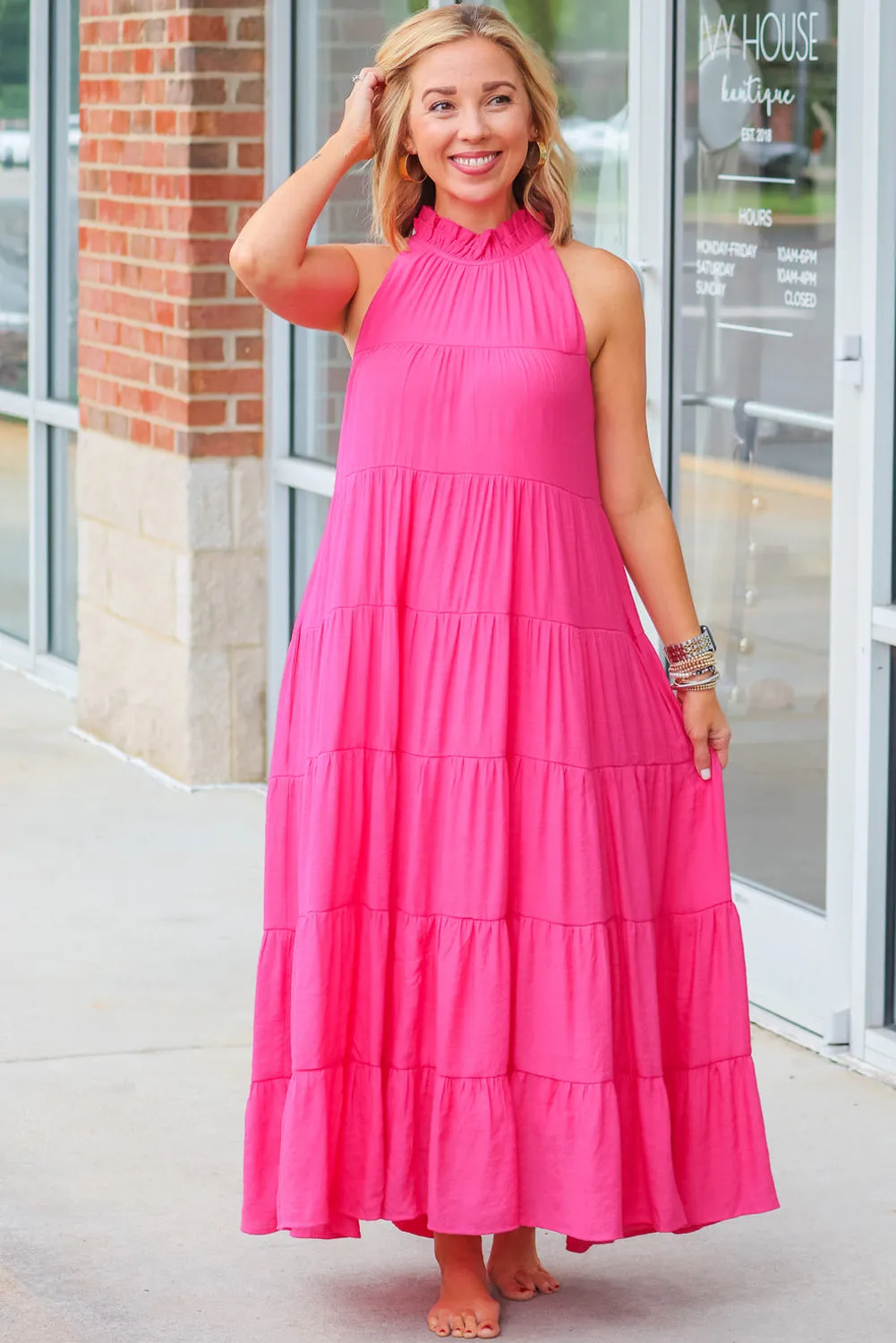 Rose Pink Long Tiered Maxi Dress