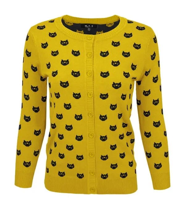 Round Neck Cat Patterned Cardigan Sweater