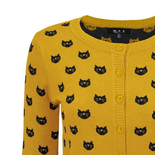 Round Neck Cat Patterned Cardigan Sweater