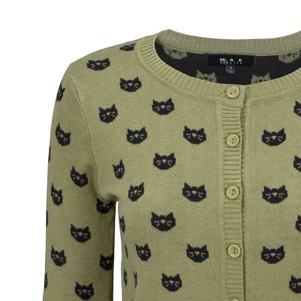 Round Neck Cat Patterned Cardigan Sweater