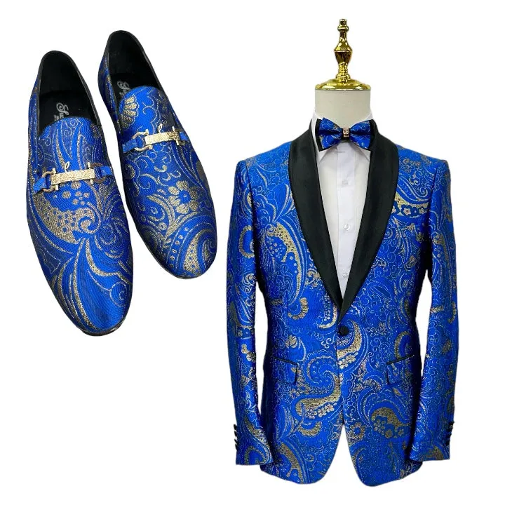 Royal Blue and Gold Paisley Prom Blazer Shall Lapel Slim-Fit with Bowtie