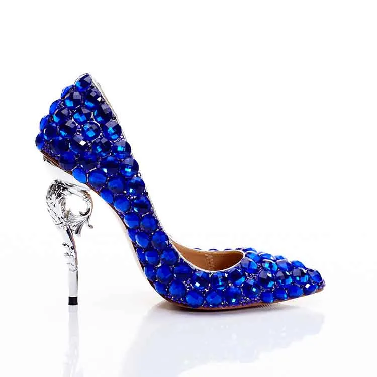 Royal Blue Rhinestone Wedding Pumps Women High Heels Crystal Shoes