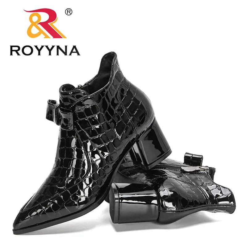 ROYYNA Patent Leather Casual Pointed Toe High Heel Ankle Boots