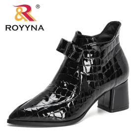 ROYYNA Patent Leather Casual Pointed Toe High Heel Ankle Boots