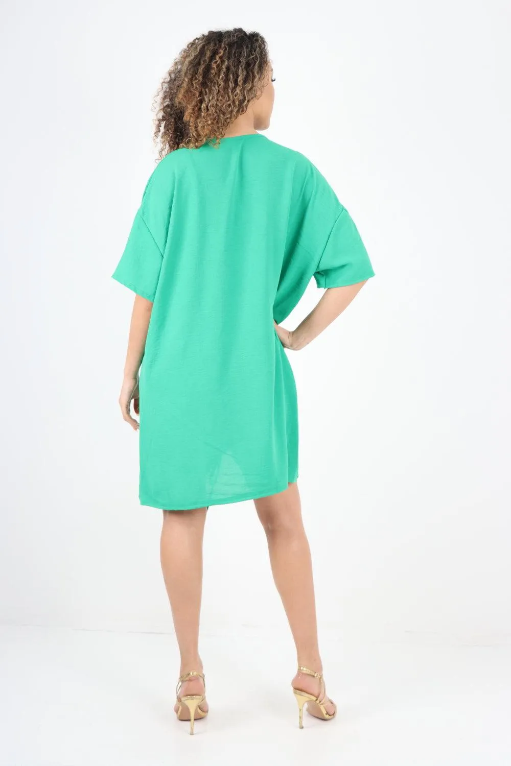 Ruched String V Neck Tunic Top