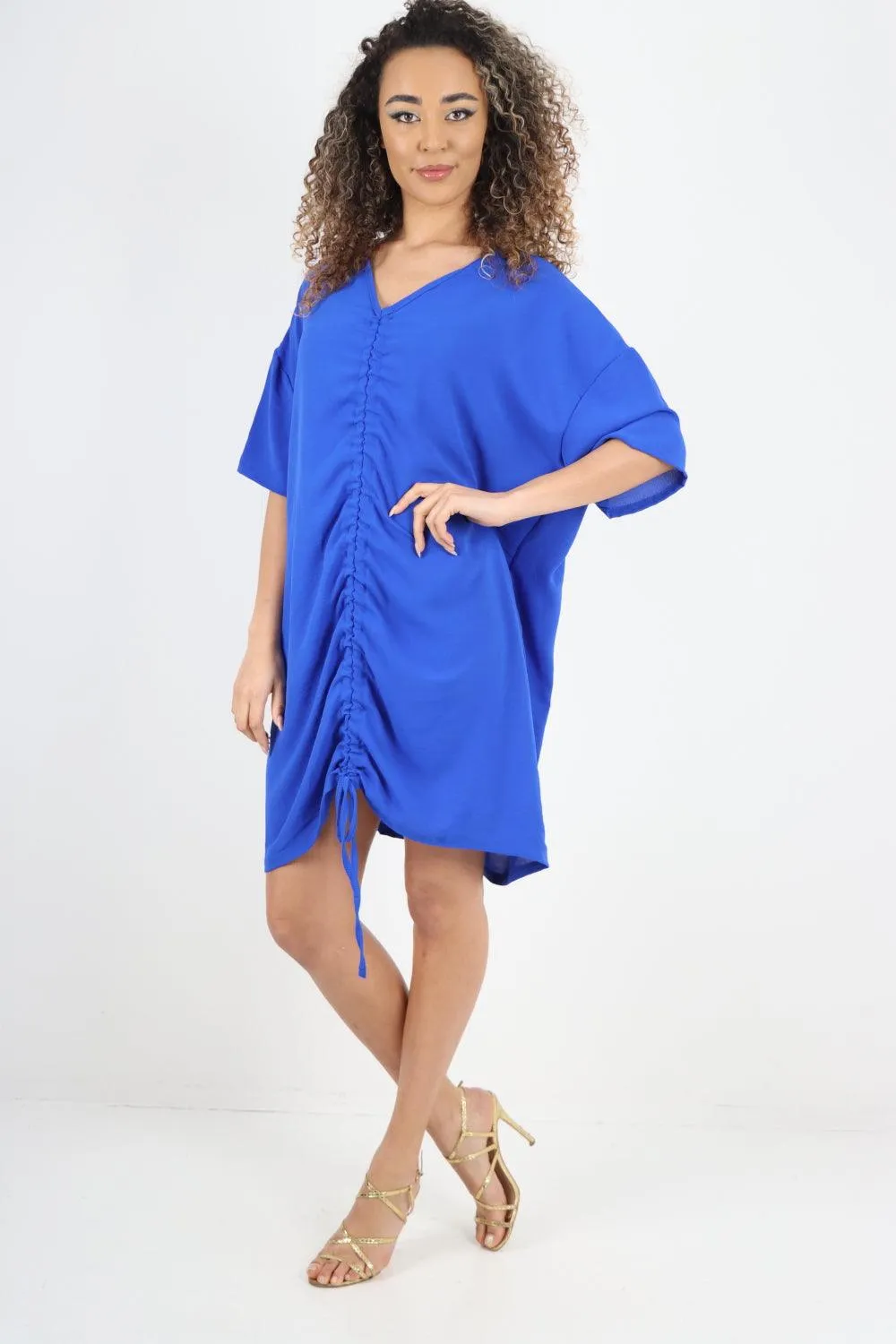 Ruched String V Neck Tunic Top