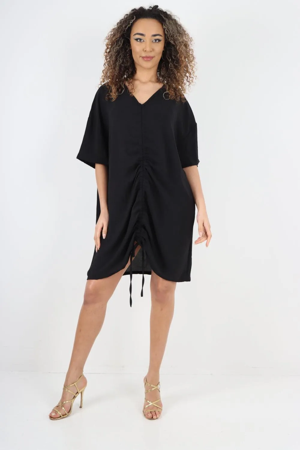 Ruched String V Neck Tunic Top