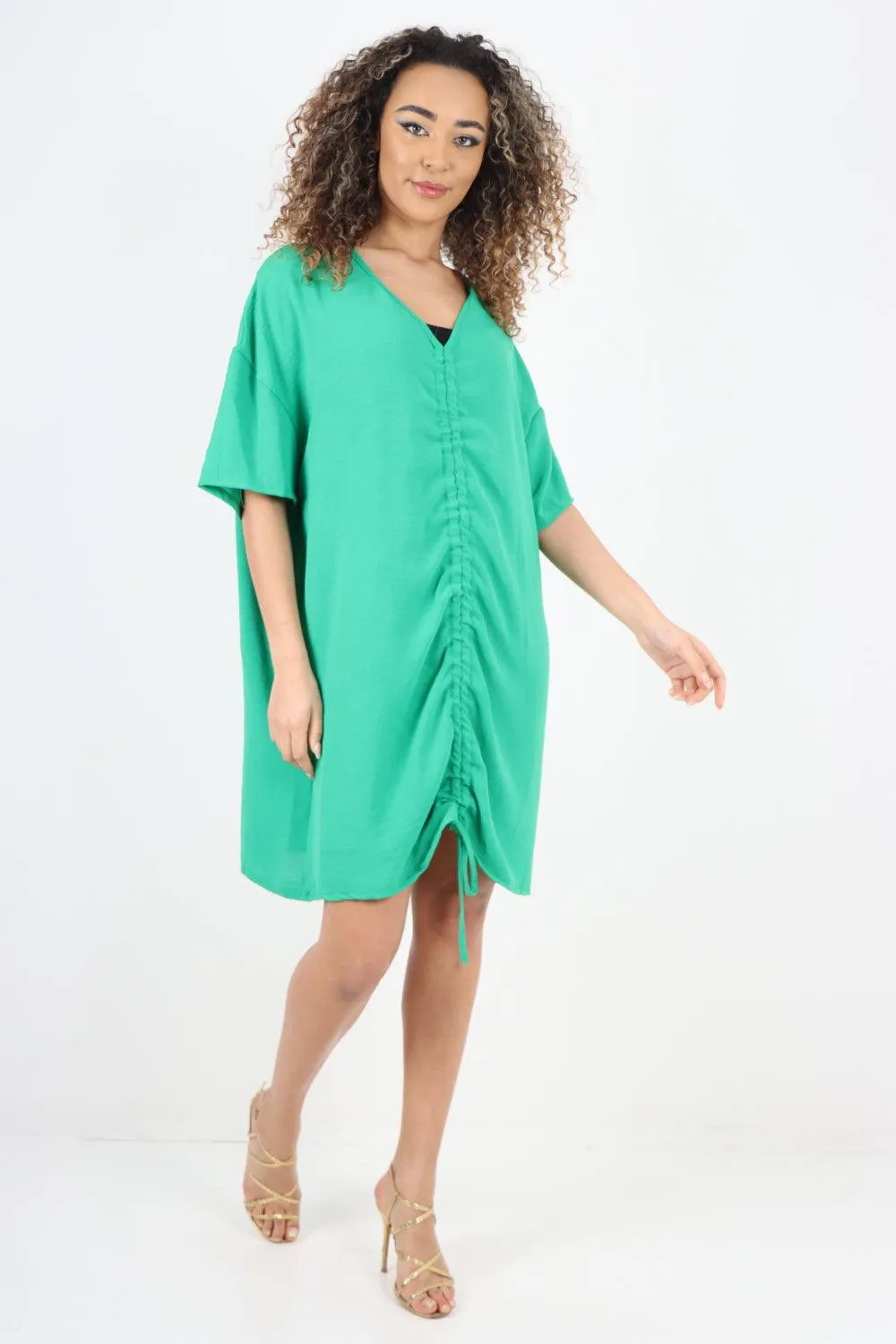 Ruched String V Neck Tunic Top