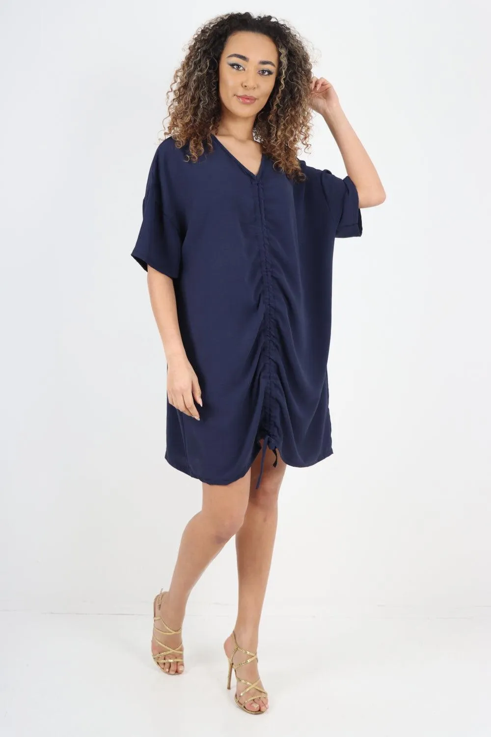 Ruched String V Neck Tunic Top