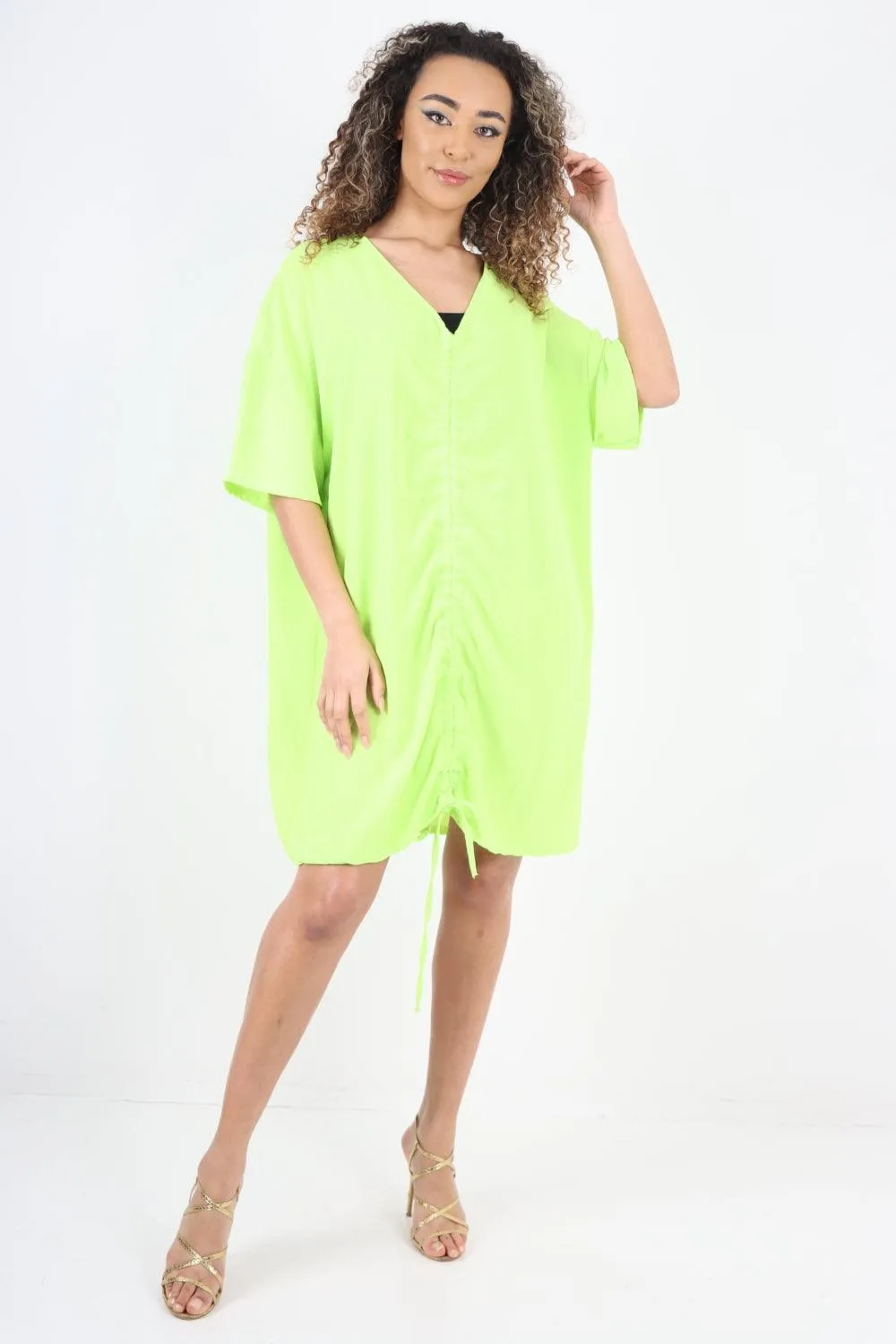 Ruched String V Neck Tunic Top