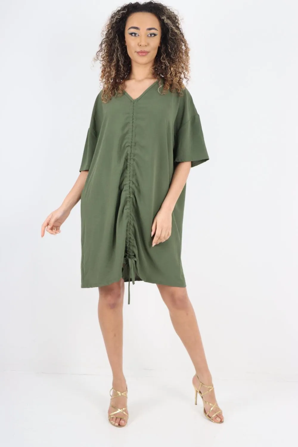 Ruched String V Neck Tunic Top