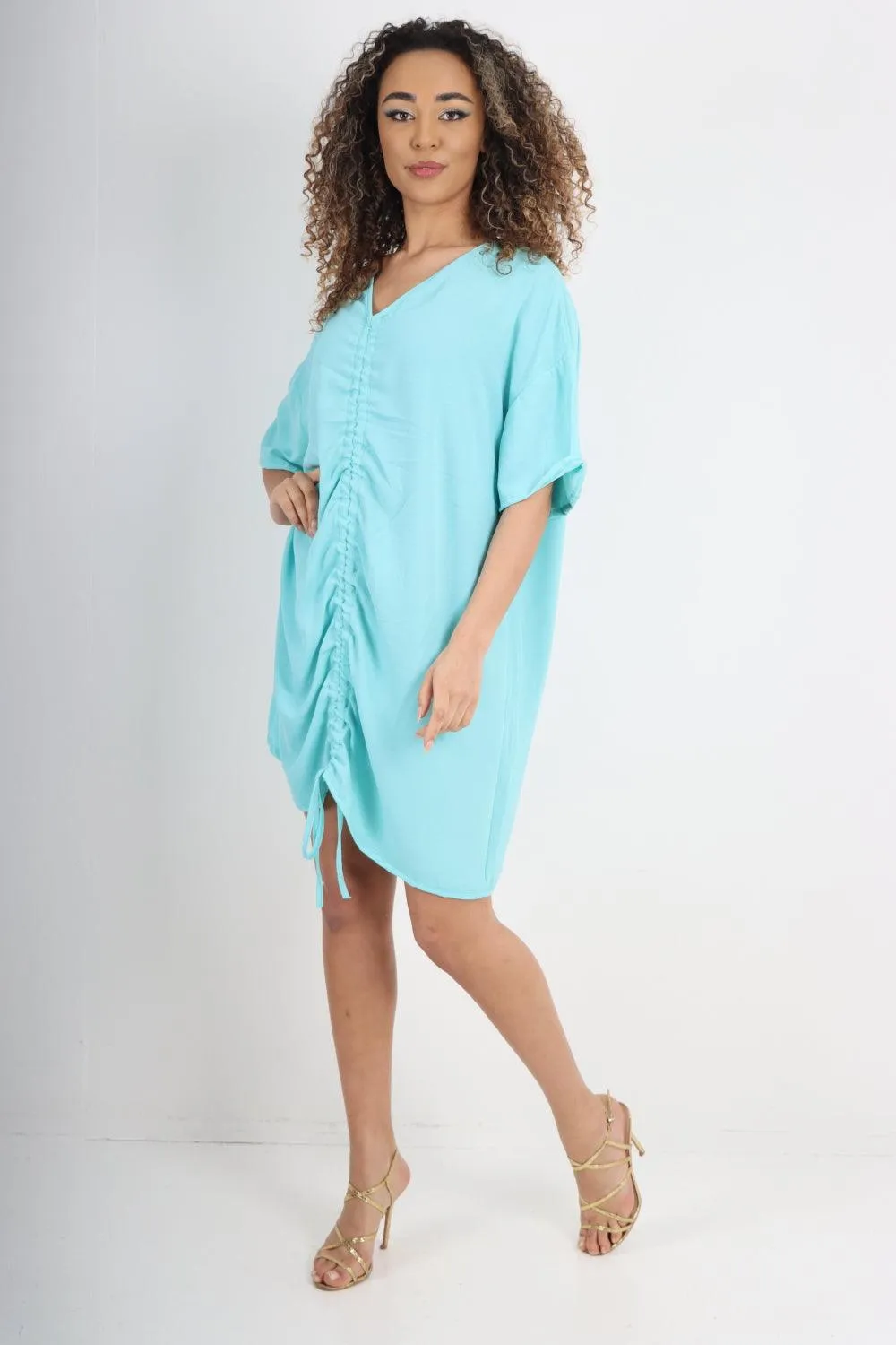 Ruched String V Neck Tunic Top