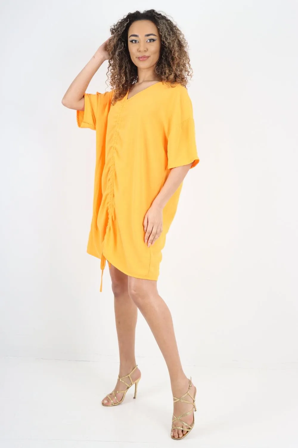 Ruched String V Neck Tunic Top