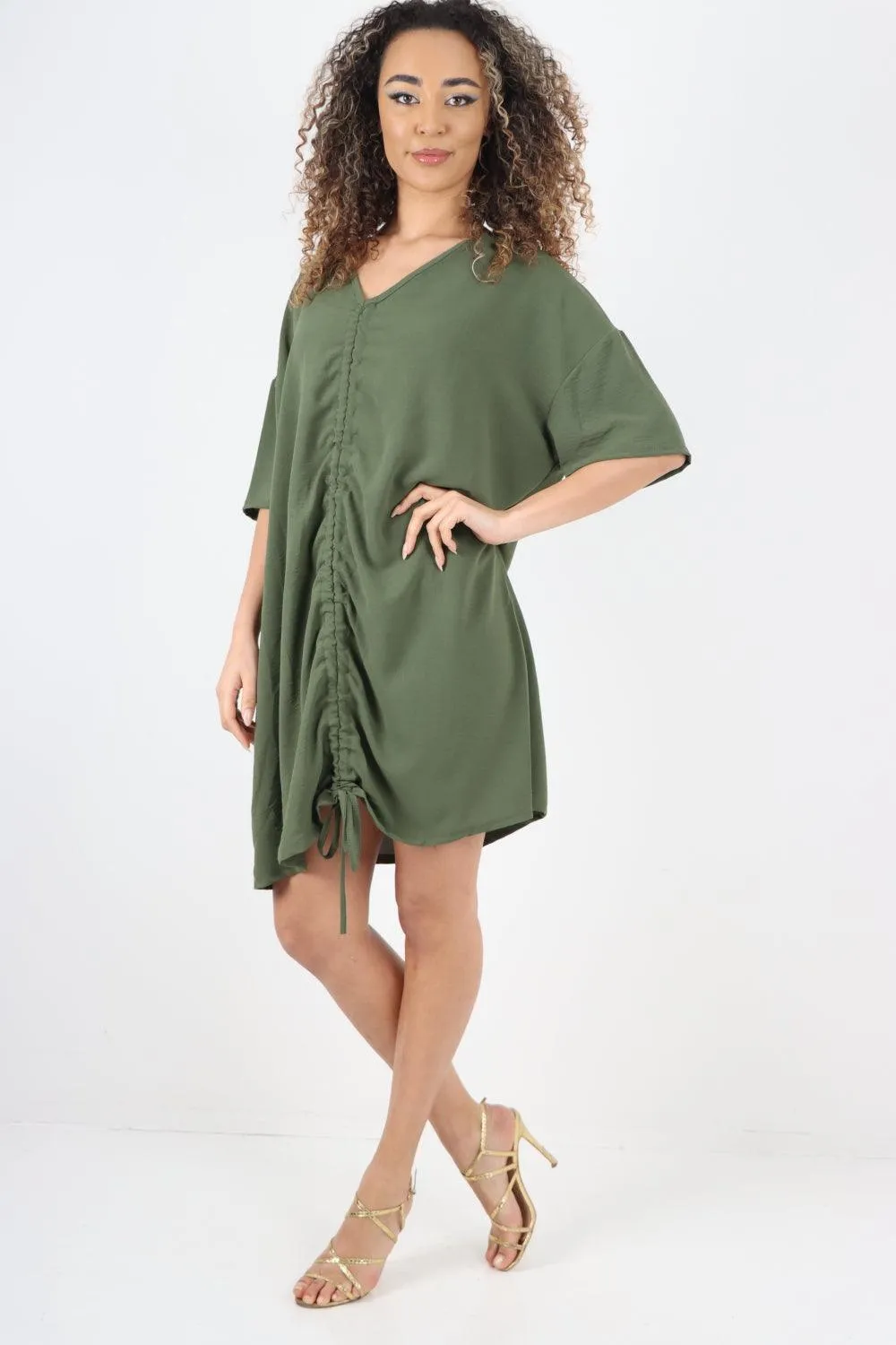 Ruched String V Neck Tunic Top