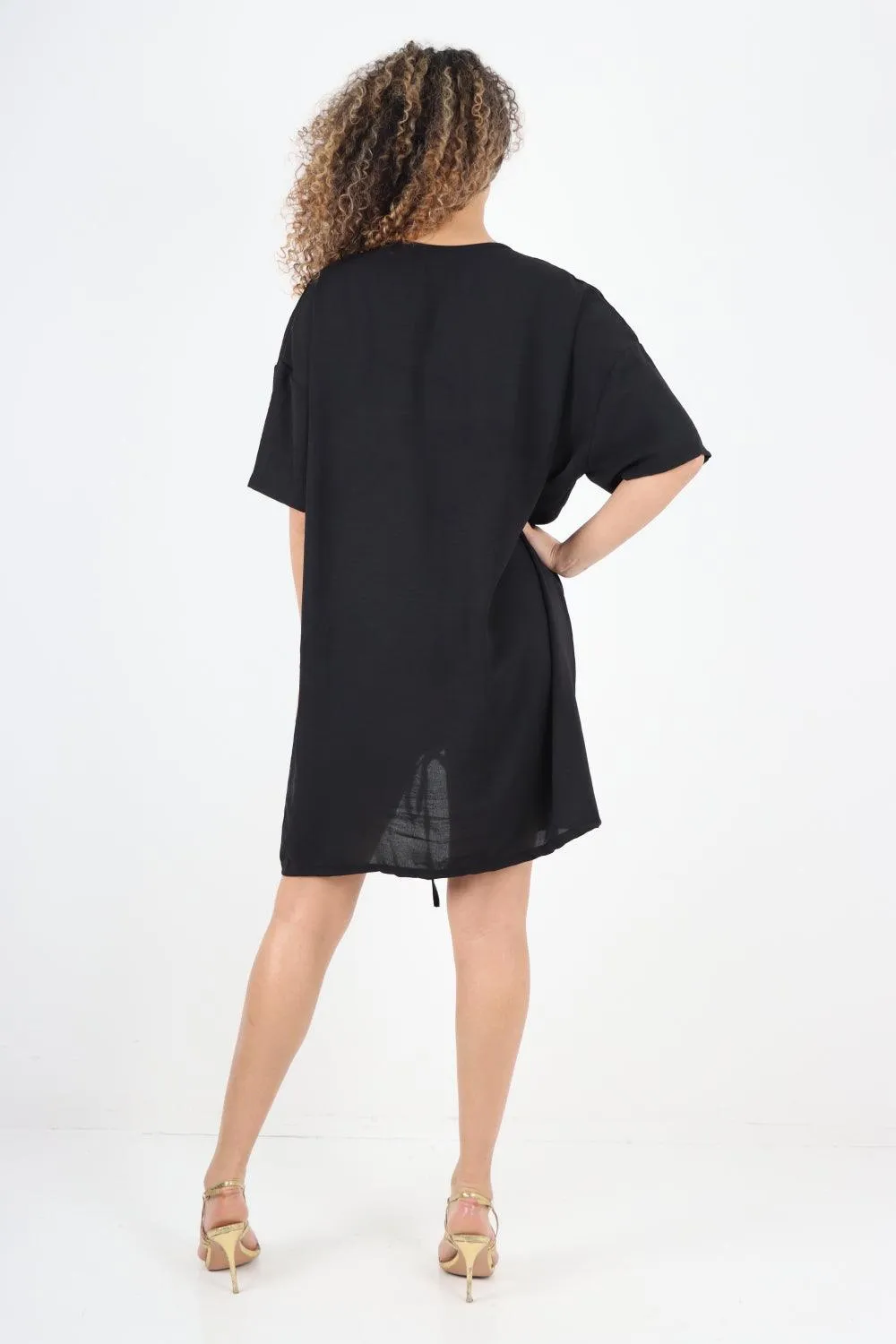 Ruched String V Neck Tunic Top