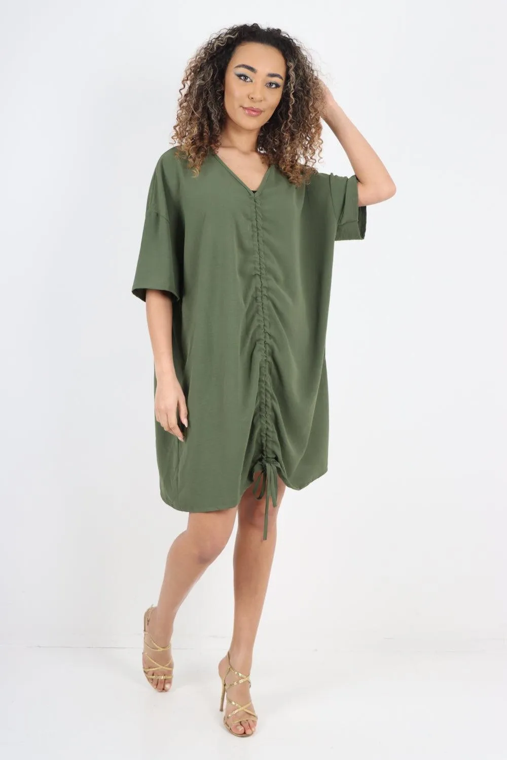 Ruched String V Neck Tunic Top