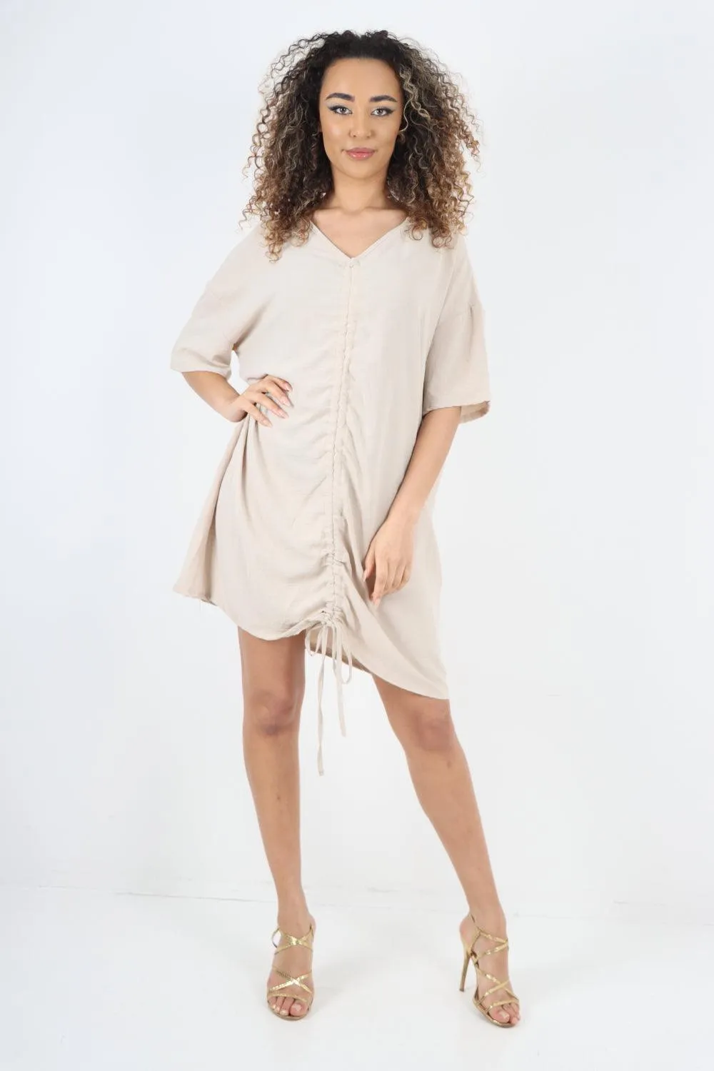 Ruched String V Neck Tunic Top