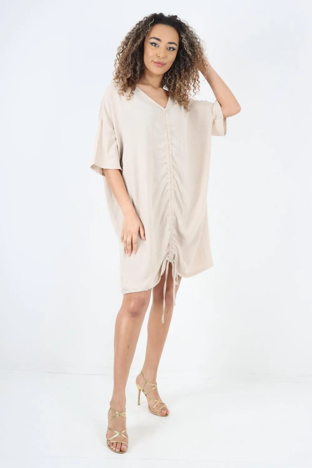 Ruched String V Neck Tunic Top