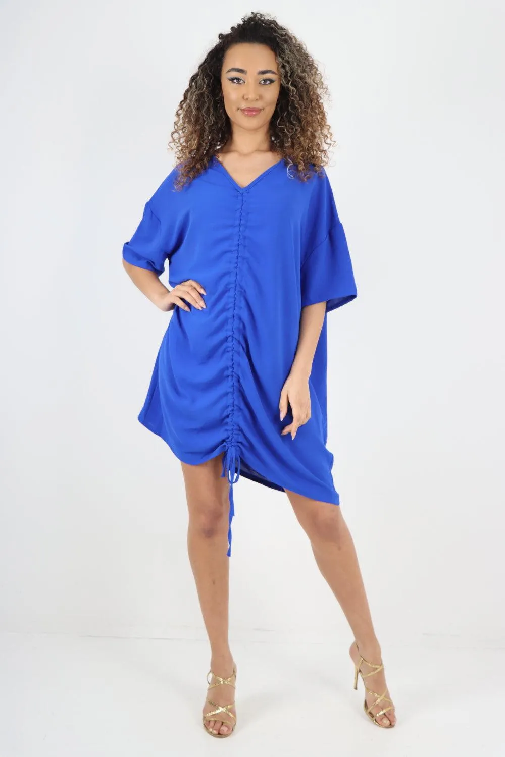 Ruched String V Neck Tunic Top